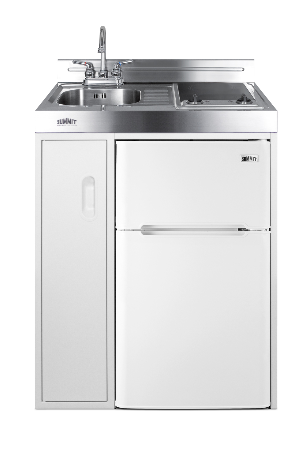 30 inch wide all-in-one kitchenette with 2-burner smooth-top 115V cooktop, refrigerator-freezer, sink, and storage cabinet